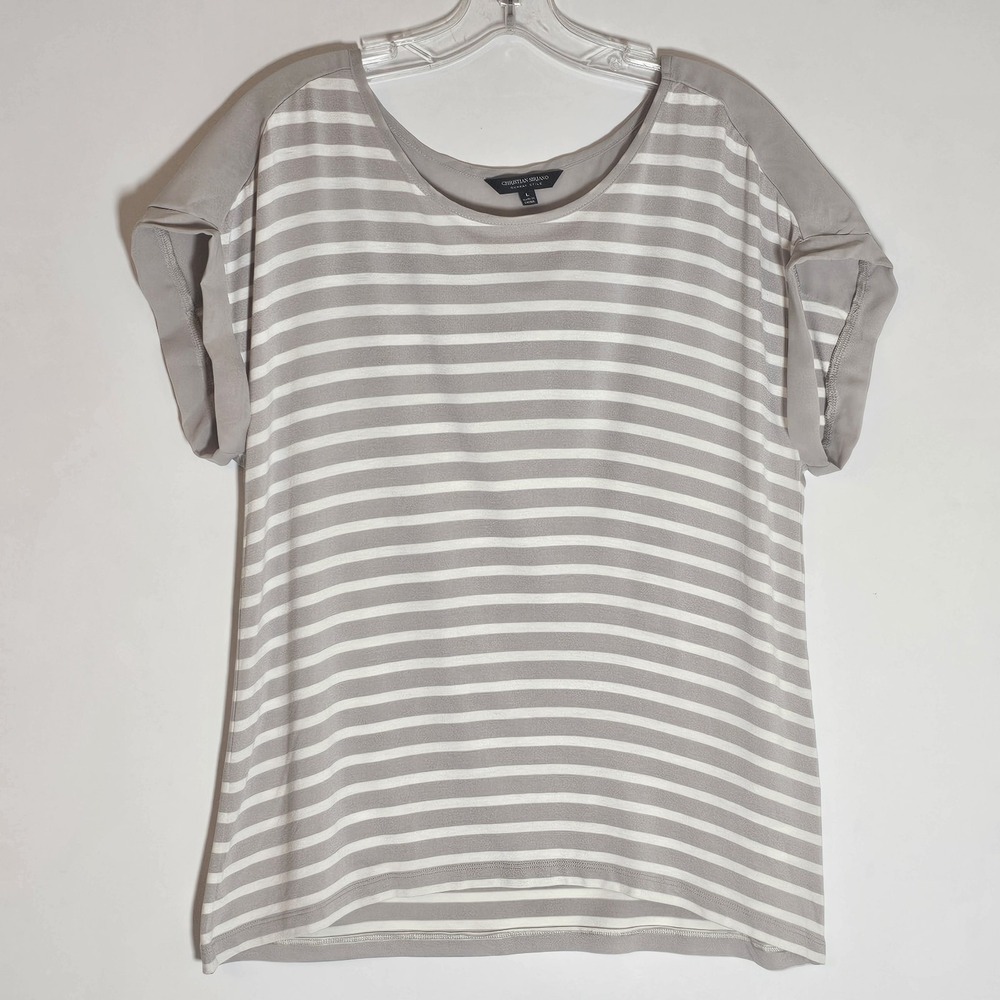 Christian Siriano Top Womens Large Gray White Stripe Roll Tab Casual Stretch L